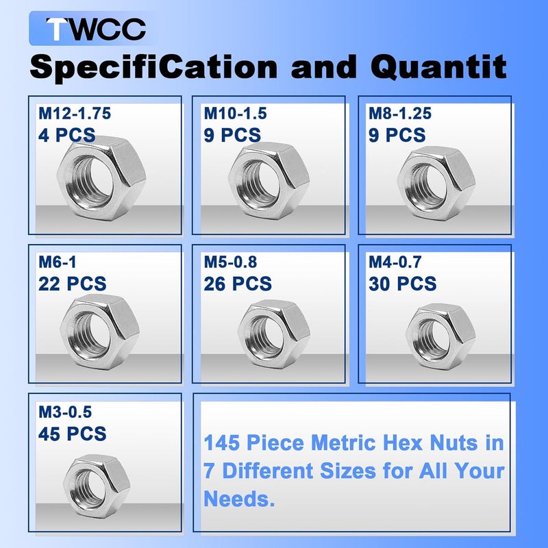 ZQZ 145 PCS Assorted Stainless Steel Hex Nuts Assortment Kit M3 M4 M5 M6 M8 M10 M12 Metric Hex Nut Set Hardware - Image 2